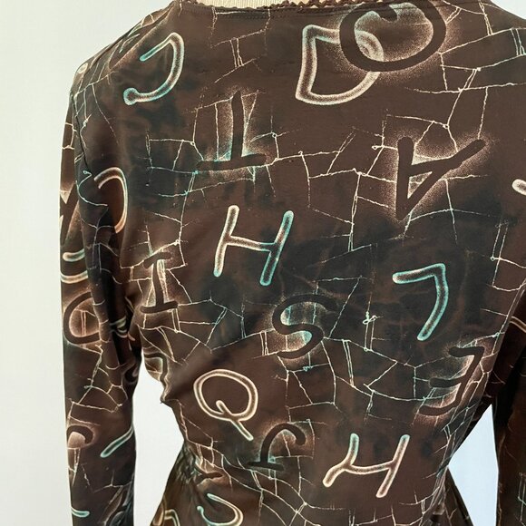 2000s y2k Steps Brand Deep V Wrap Alphabet Print Slinky Knit Bell Sleeve Large - Picture 6 of 16